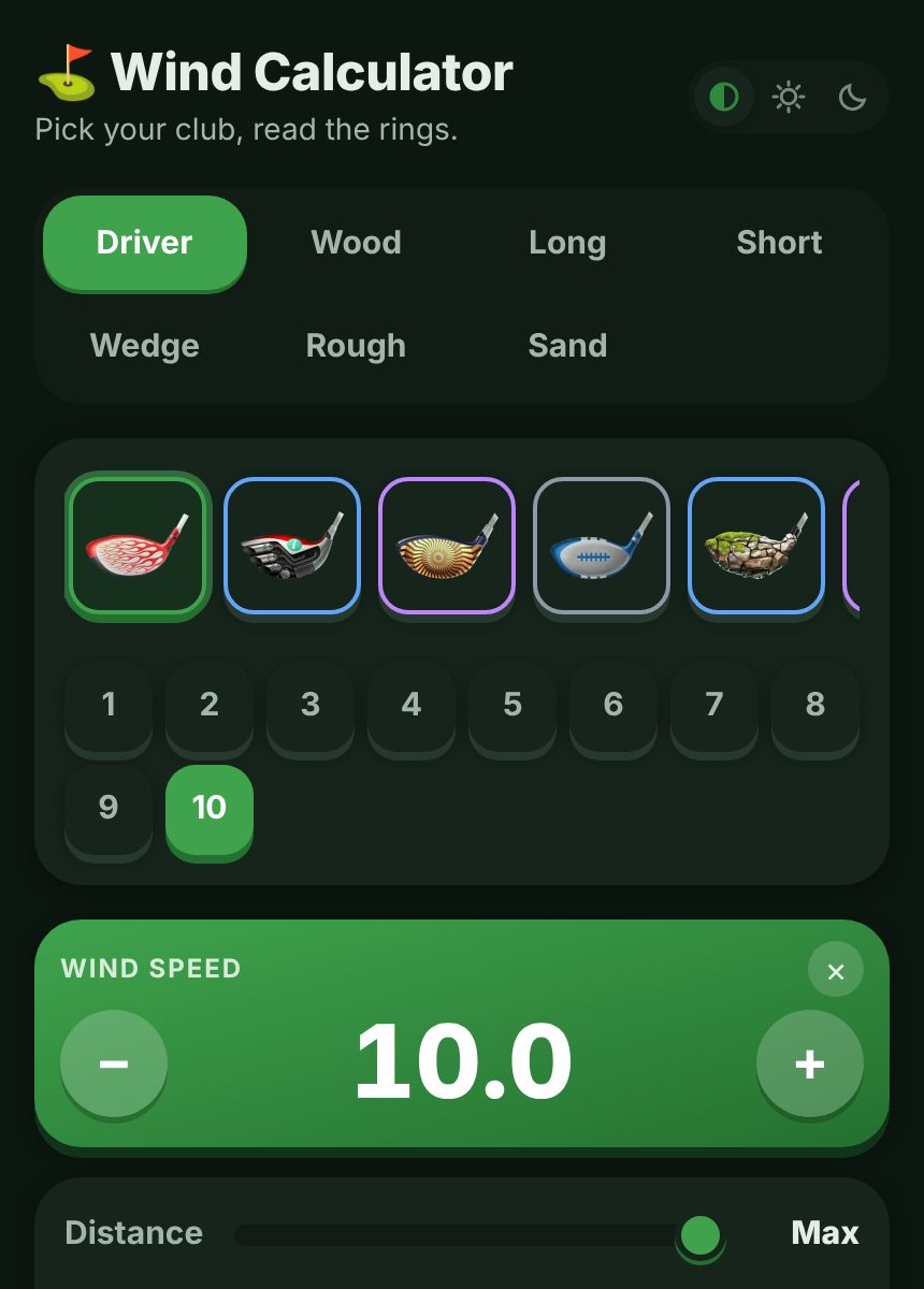 gcwind on a phone: the Driver tab, The Rocket at level 10, and a wind speed of 10.0.