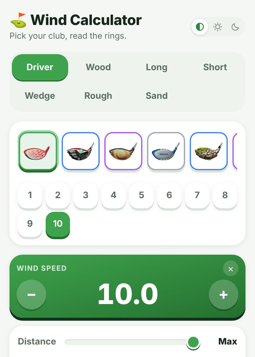 gcwind on a phone: the Driver tab, The Rocket at level 10, and a wind speed of 10.0.