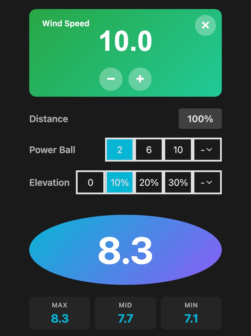 gcwind on a phone: wind speed 10.0, power ball and elevation selected, and a result of 8.3 rings with max, mid and min distances below.