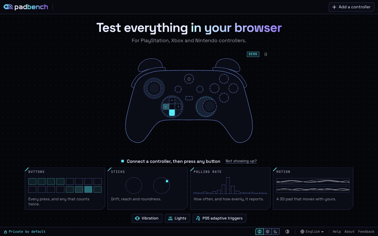 PadBench showing a controller with its buttons, sticks, polling rate and motion tests.