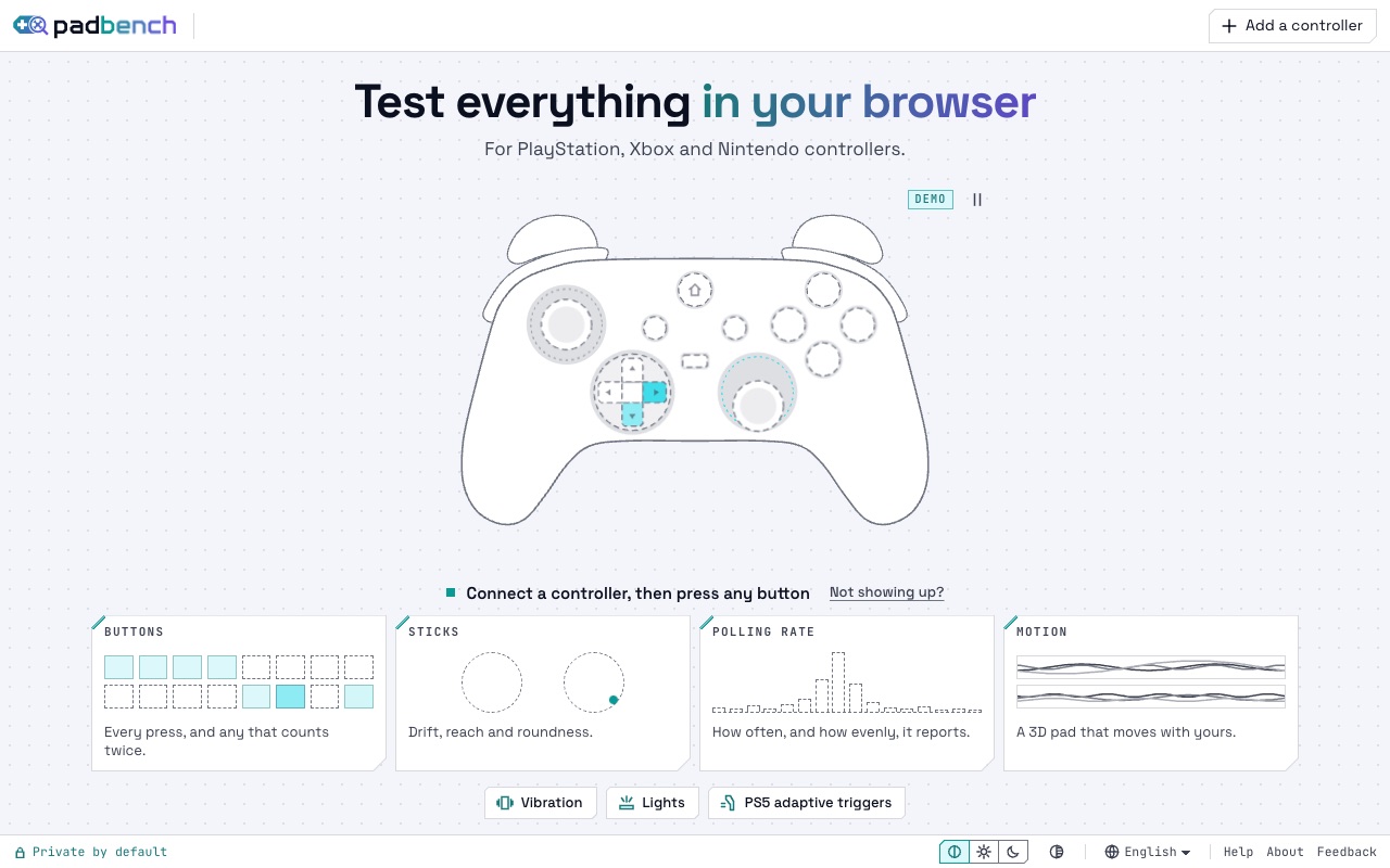PadBench showing a controller with its buttons, sticks, polling rate and motion tests.