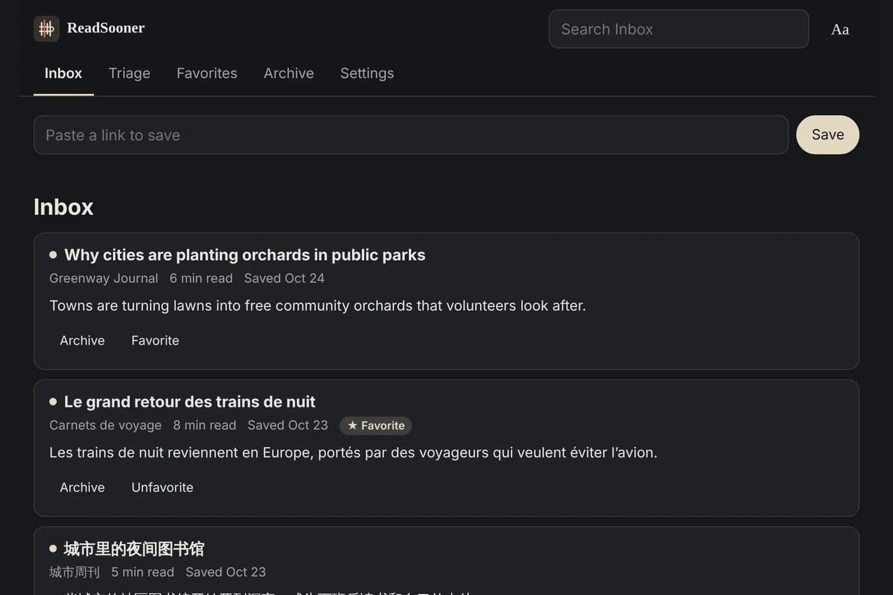 ReadSooner's Inbox on a computer: saved articles in English, French and Chinese, each with a one-sentence summary under its title.