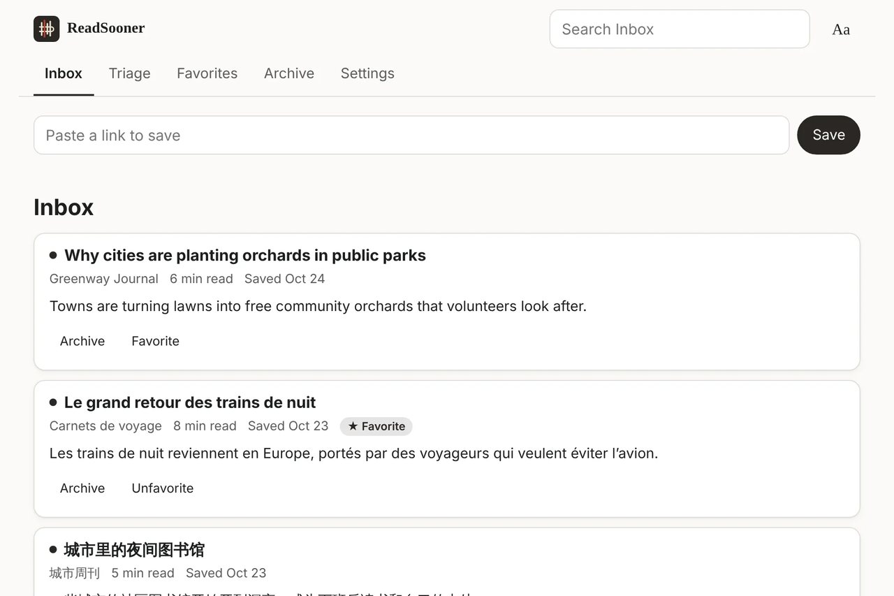 ReadSooner's Inbox on a computer: saved articles in English, French and Chinese, each with a one-sentence summary under its title.